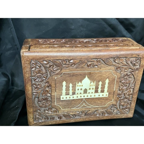 Hand Carved Wooden Box Taj Mahal Inlay Made In India By Archana Handicrafts 7" - Picture 6 of 11